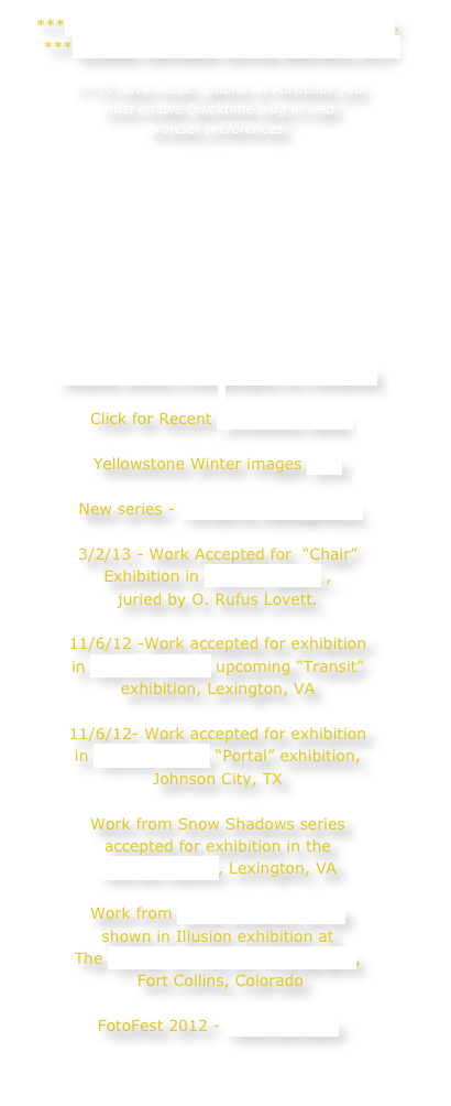 ***New Portfolio on my trip to Russia in 2014.
***Russian Cathedral Ceiling Abstracts 2014

***To have music options on Portfolios you 
must enable Quicktime plug in web
browser preferences.










Eleanor Brown Photography on Facebook

Click for Recent  Exhibition News

Yellowstone Winter images here

New series - Portals & Passageways  

3/2/13 - Work Accepted for  “Chair” 
Exhibition in ASmith Gallery , 
juried by O. Rufus Lovett.

11/6/12 -Work accepted for exhibition
in Kiernan Gallery upcoming “Transit” 
exhibition, Lexington, VA

11/6/12- Work accepted for exhibition
in ASmith Gallery “Portal” exhibition, 
Johnson City, TX

Work from Snow Shadows series 
accepted for exhibition in the
Kiernan Gallery, Lexington, VA

Work from Snow Shadows series 
shown in Illusion exhibition at 
The Center for Fine Art Photography,
 Fort Collins, Colorado

FotoFest 2012 - HealingScapes

